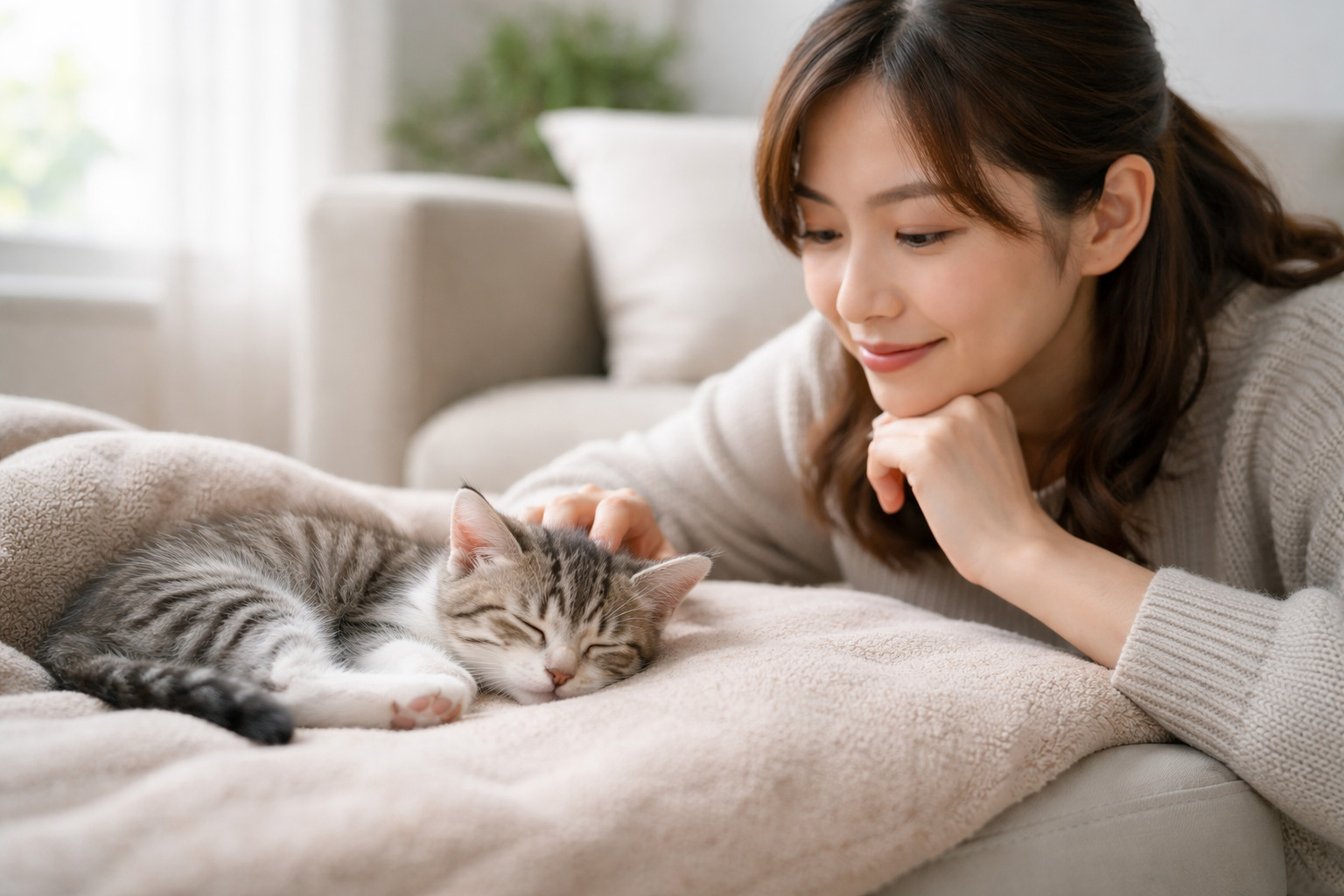 子猫の体調を気づかいながら見守る飼い主