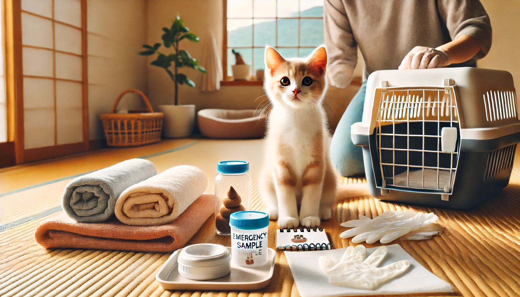 子猫の下痂に備えてケア用品をまとめて準備している様子