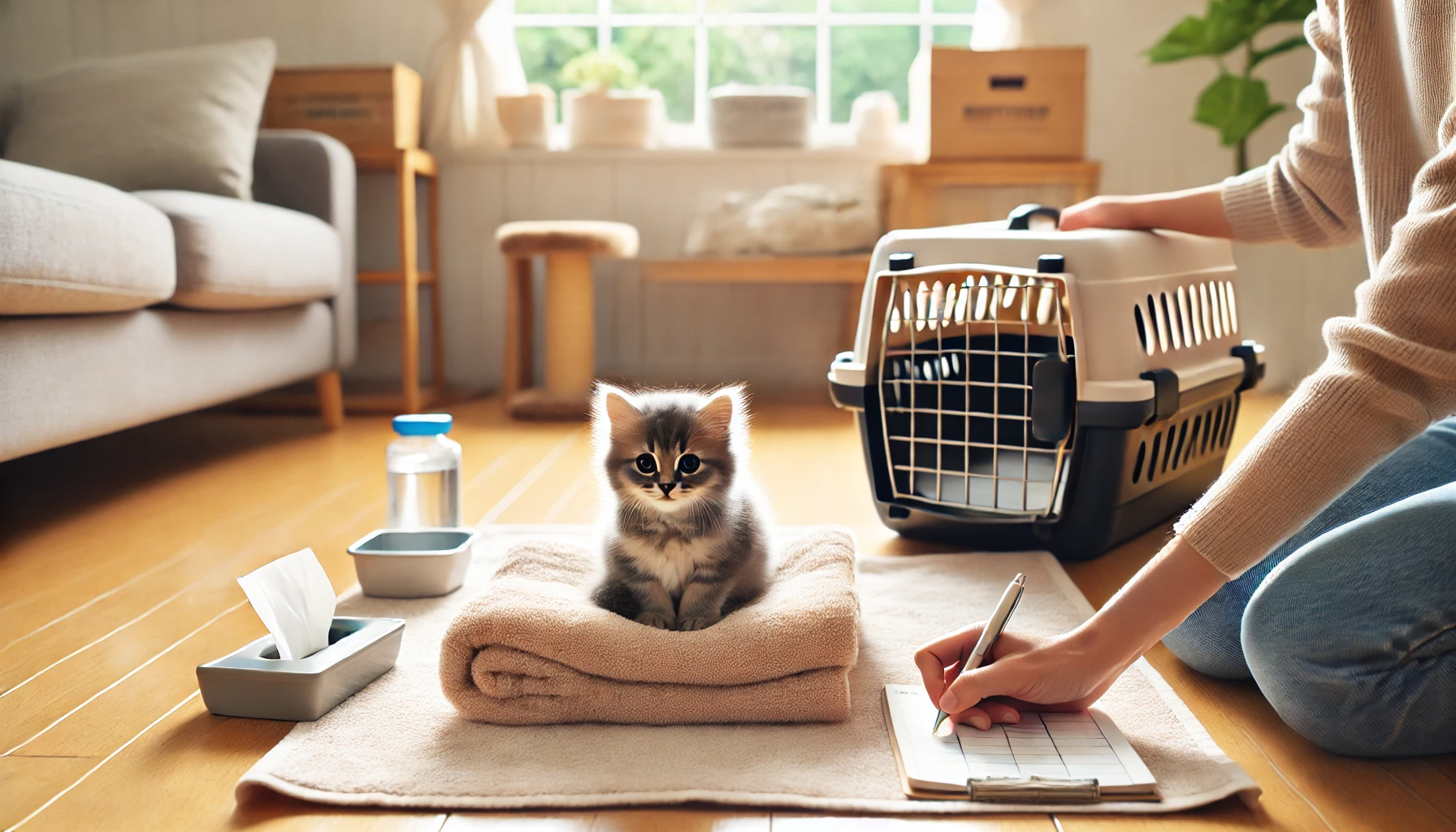 子猫をやさしく見守りながら受診準備をする飼い主