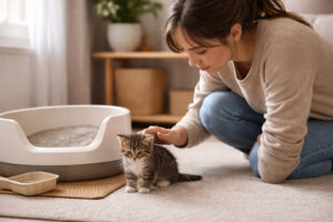 子猫の様子を見ながらトイレを確認する飼い主