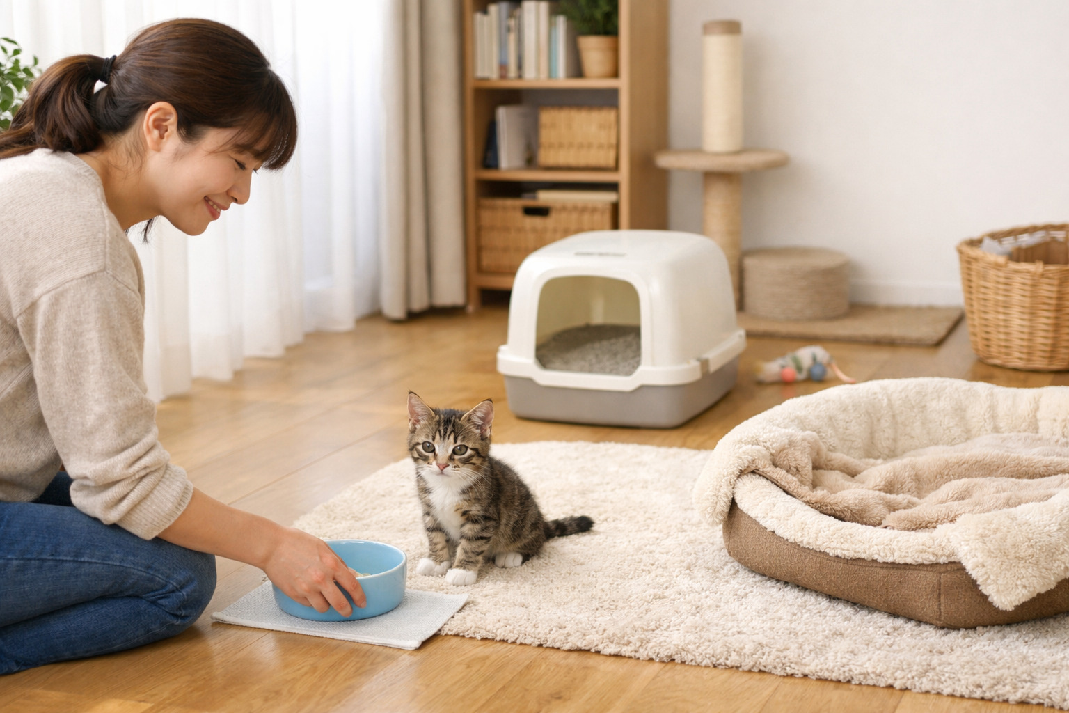 清潔な部屋で子猫を見守りながら水やトイレ環境を整える飼い主