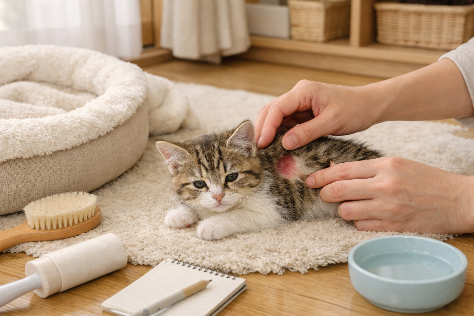 明るい室内で子猫の皮膚の様子を確認しながらやさしく見守る飼い主