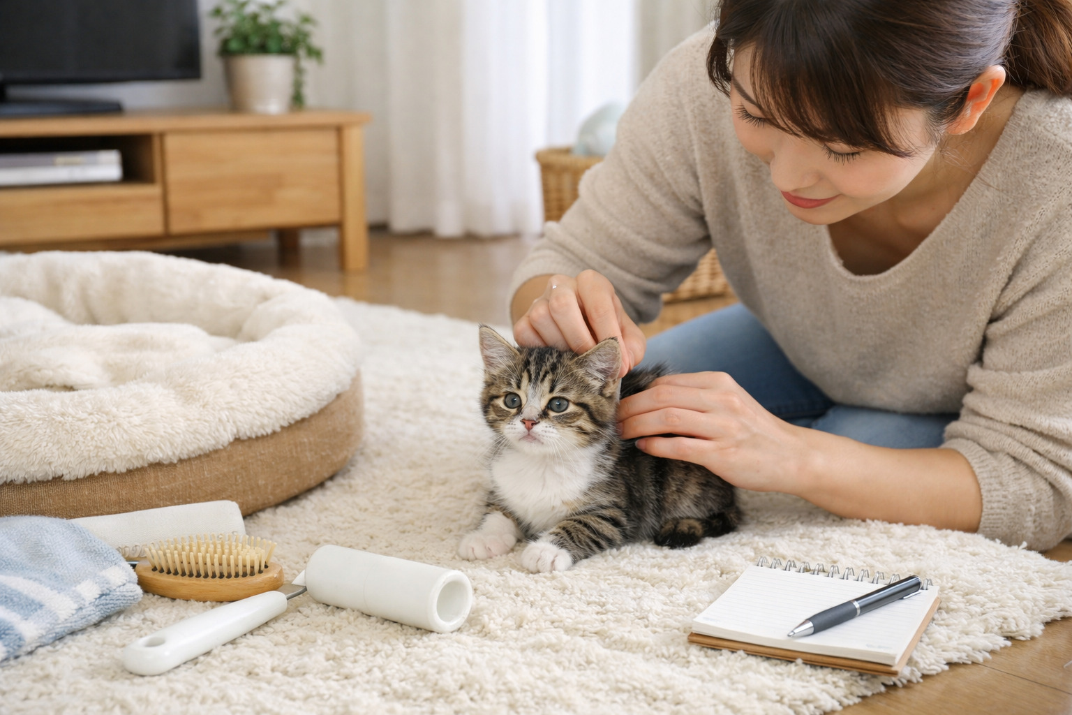 清潔な室内で子猫の毛並みを確認しながらやさしく見守る飼い主