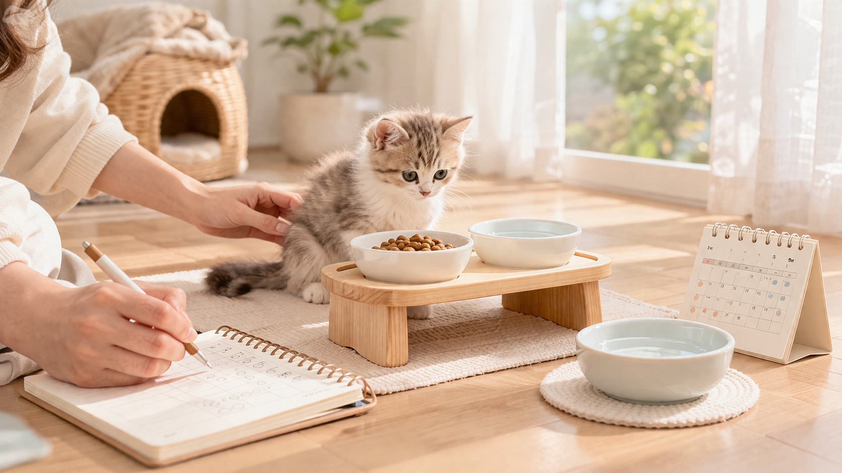 子猫の食欲低下に気付き、静かな室内で食器や水、食事環境をやさしく見直している様子