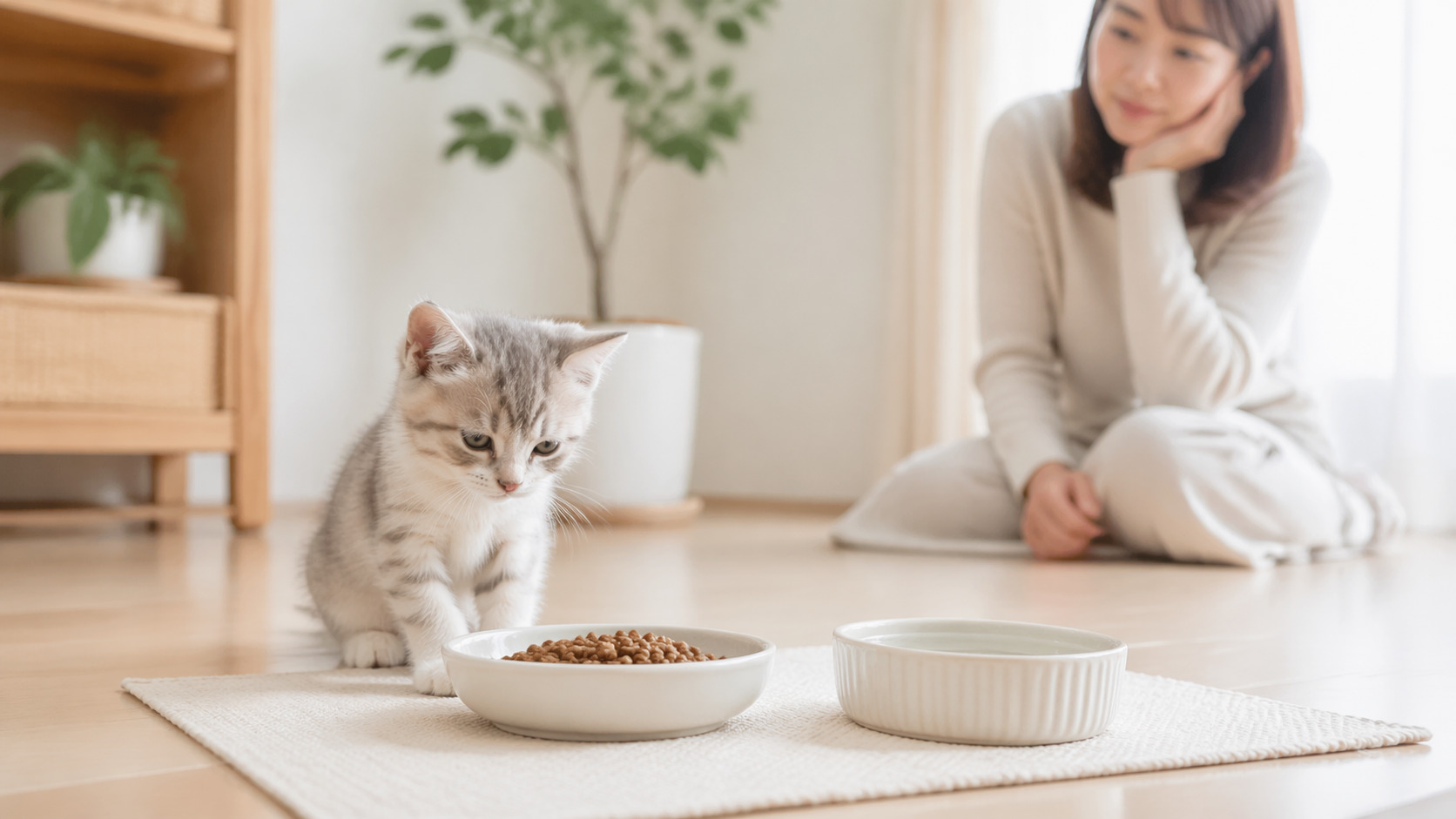 食欲が落ちた子猫を静かな部屋でやさしく見守る飼い主