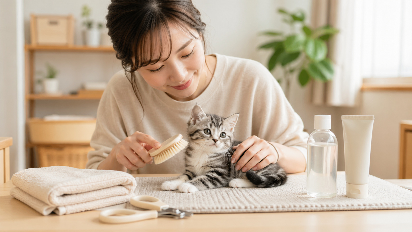 子猫のお風呂やお手入れの準備を整え、やさしくケアしている様子