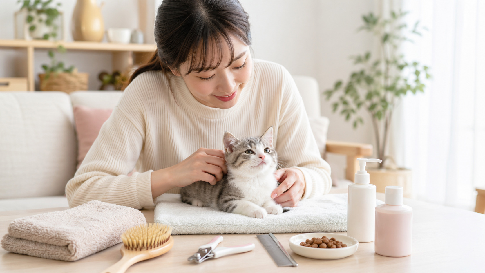 子猫のお手入れをやさしく始めるための道具とケア風景