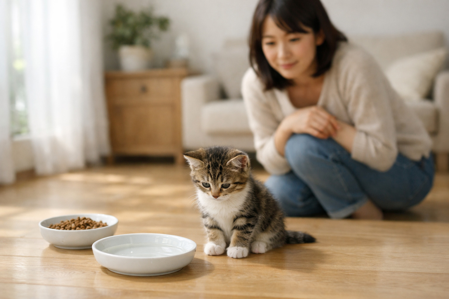 水をあまり飲まない子猫を静かな室内でやさしく見守る飼い主の様子