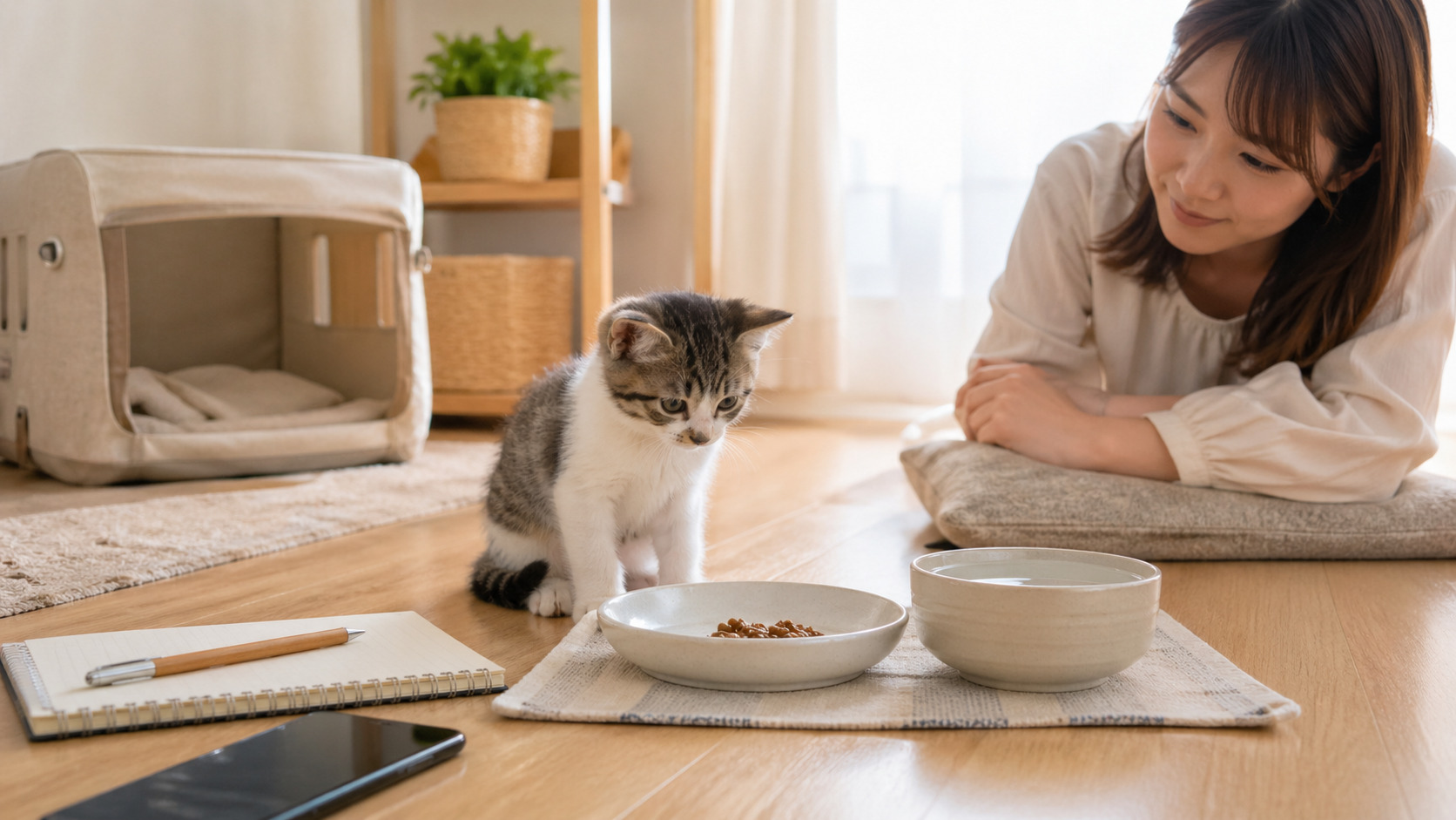 子猫が食べない時に食器や環境を見直す様子