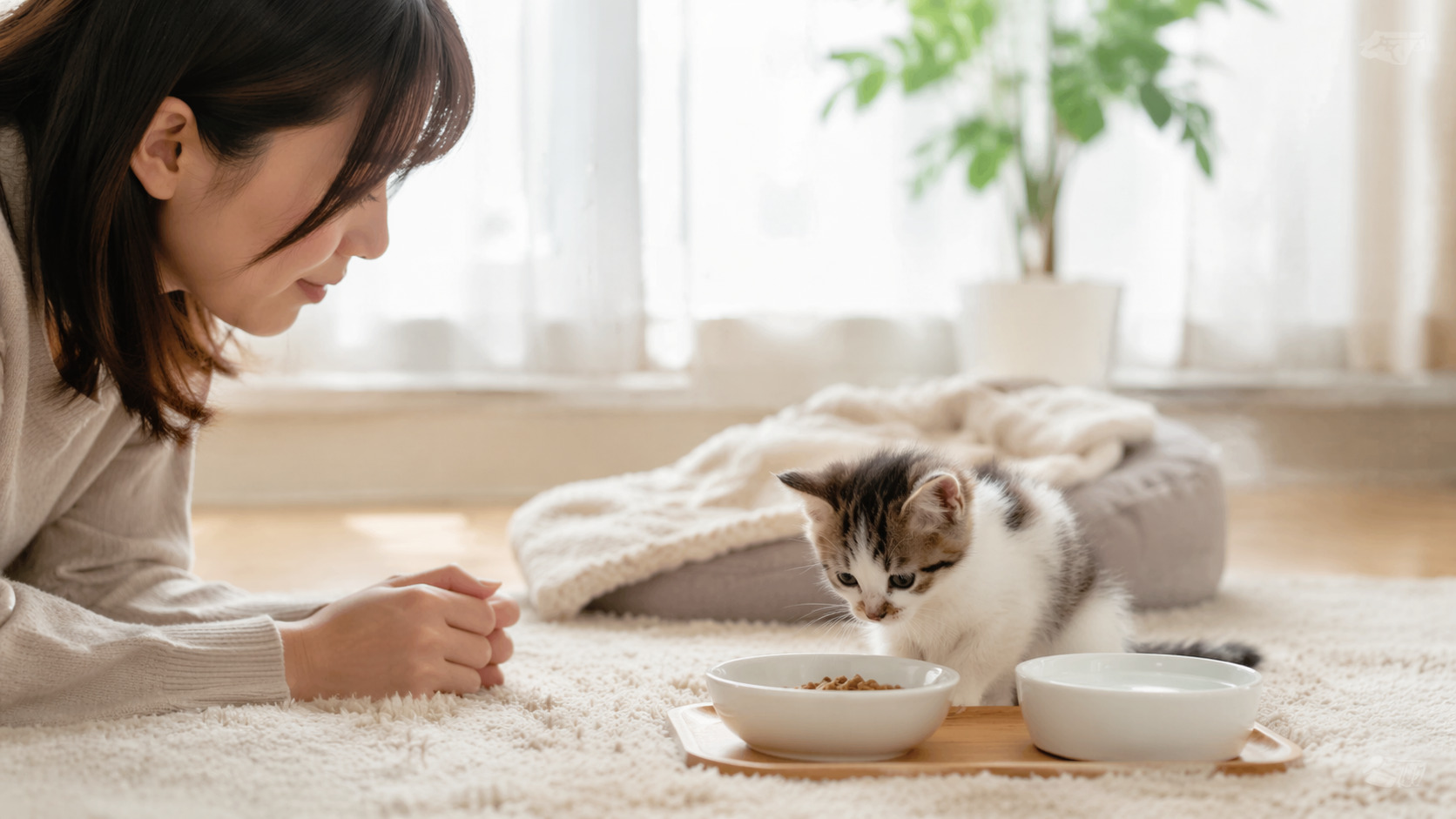 ごはんを前にした子猫をやさしく見守る飼い主の様子