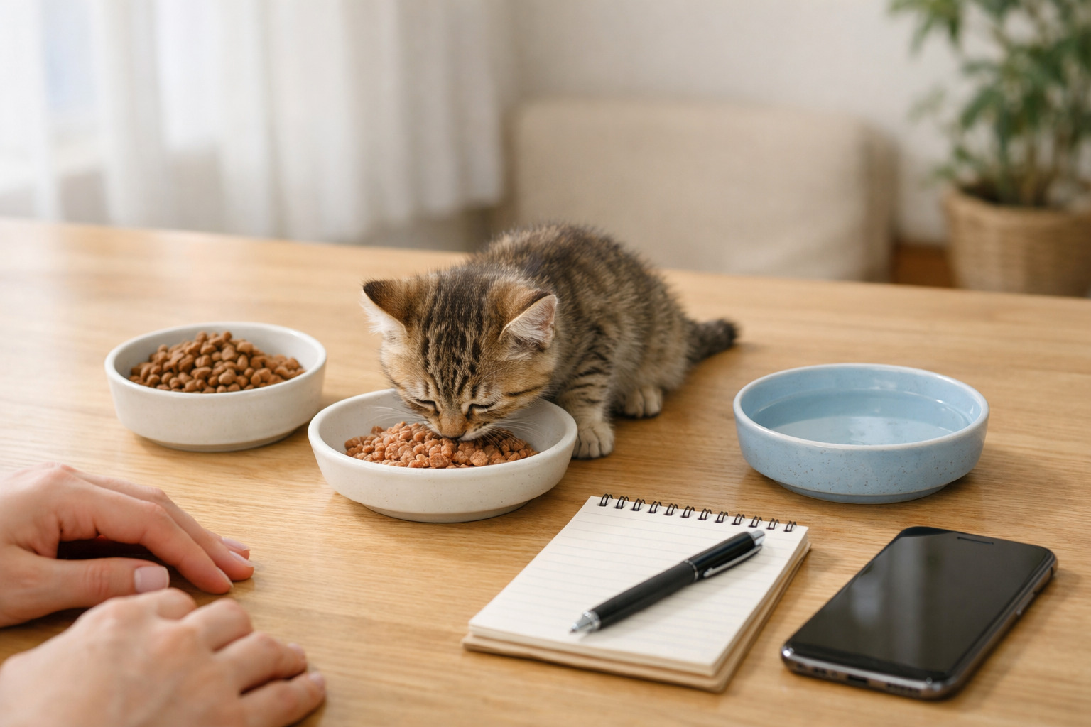 子猫が落ち着いた食事スペースでごはんの準備と記録用品をそろえている様子