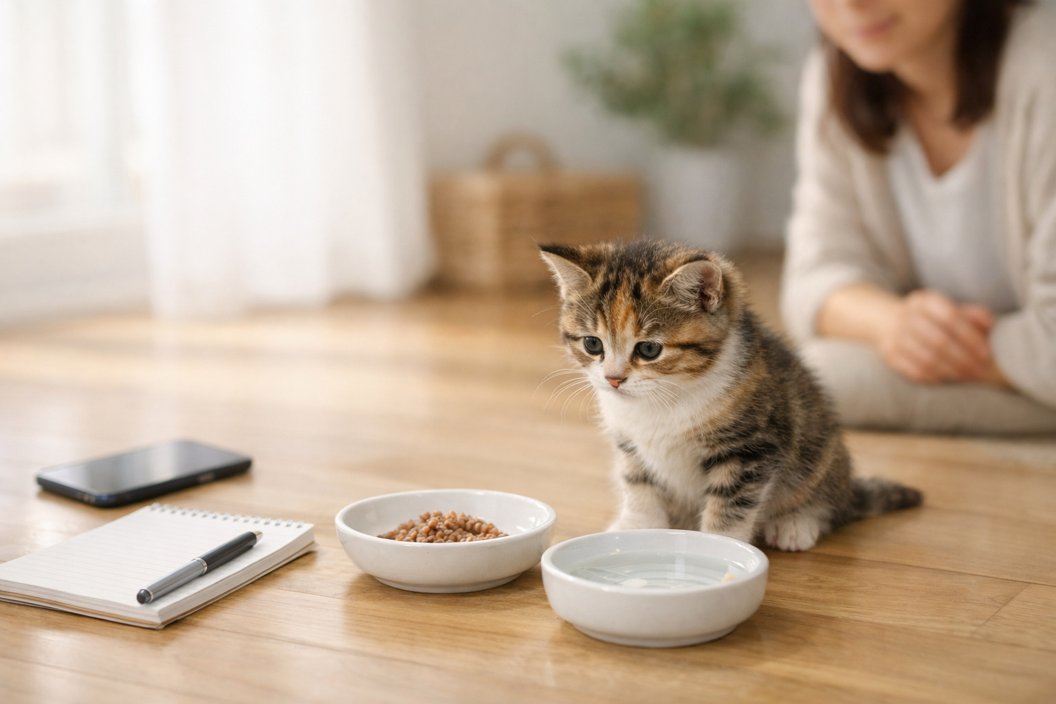 食欲が落ちた子猫を静かな室内でやさしく見守る飼い主と食事環境