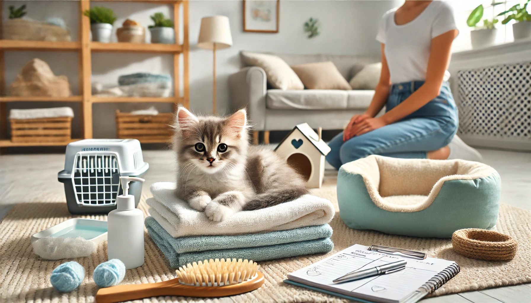 子猫の皮膚ケアのために寝床とブラッシング環境を整える様子