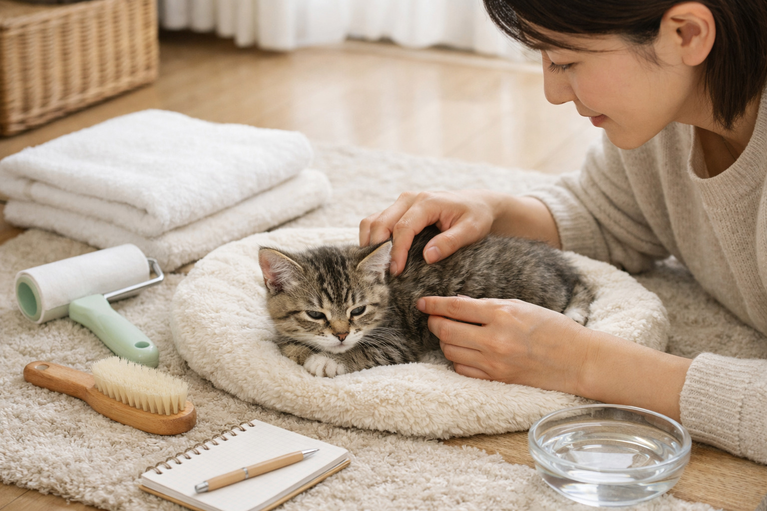 明るい室内で子猫の毛並みや皮膚の様子を確認しながら見守る飼い主