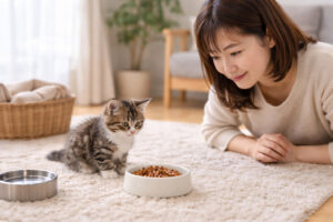 ごはん皿の前で少し迷っている子猫をやさしく見守る様子