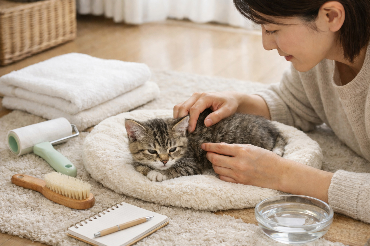 明るい室内で子猫の体や毛並みを確認しながらやさしく見守る飼い主