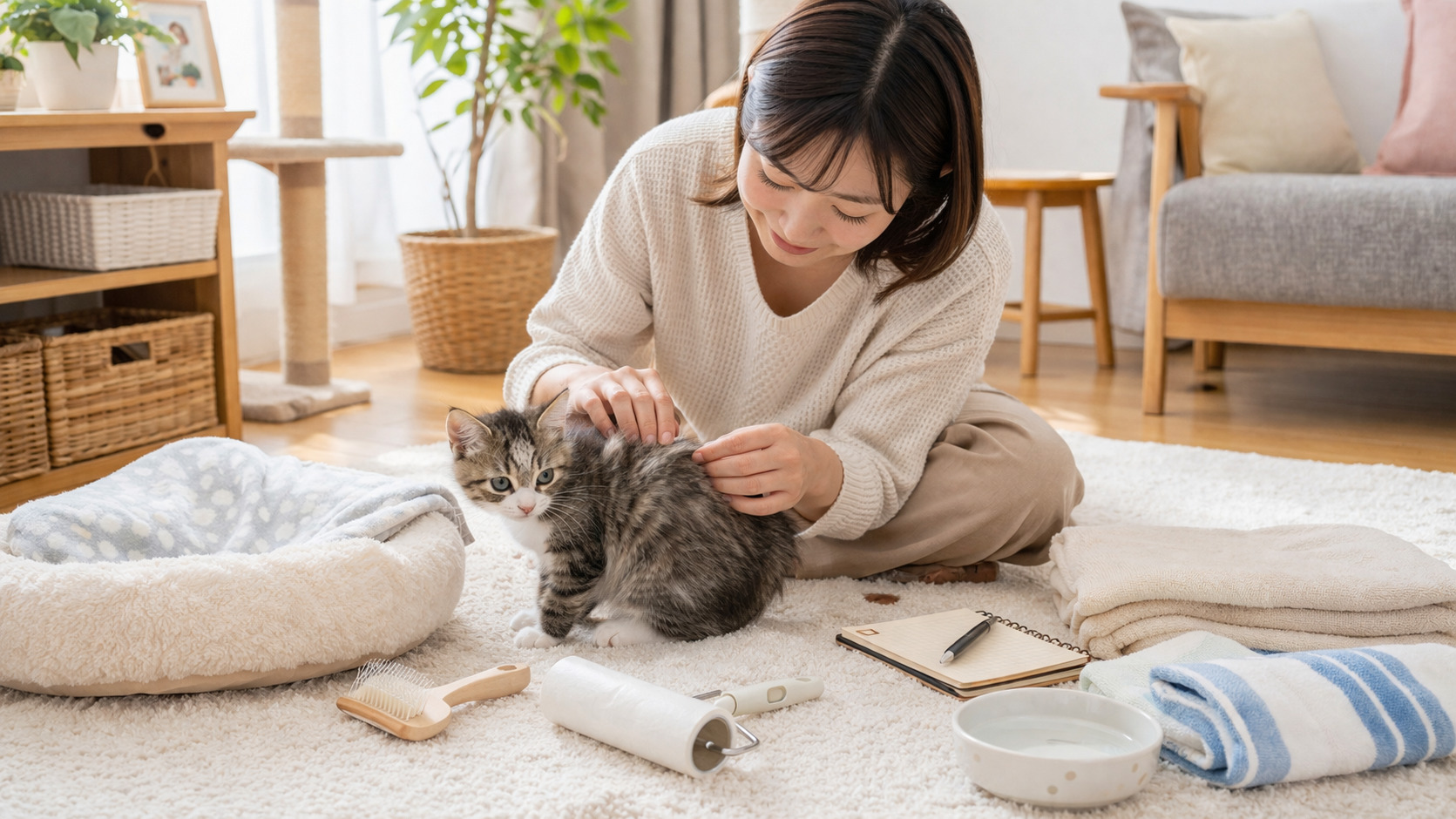 明るい室内で子猫の毛並みを確認しながらやさしく見守る飼い主