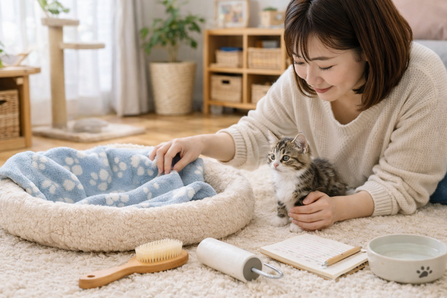 清潔な室内で子猫の寝床や毛布を整えながら見守る飼い主