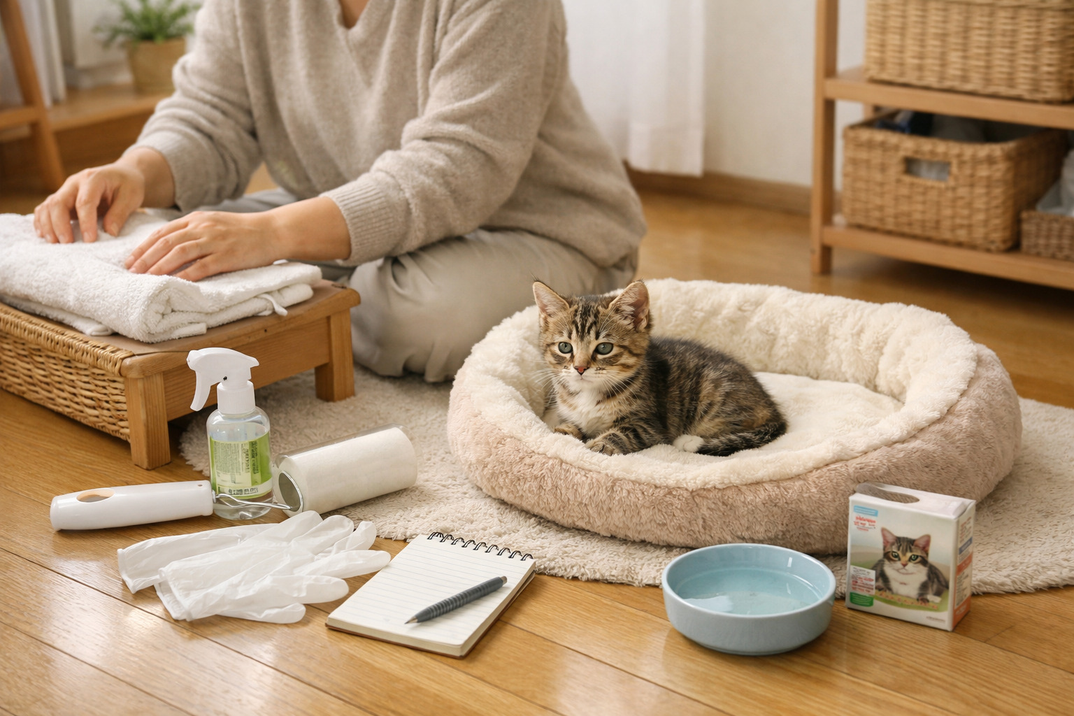 明るい室内で子猫の寝床まわりを整えながらノミ対策の備えをしている様子