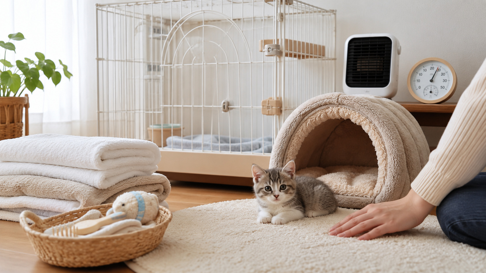 子猫用のケージと寝床を整えた明るいリビング