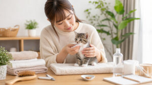 子猫をやさしくお手入れしながら見守る飼い主とケア用品のある室内風景