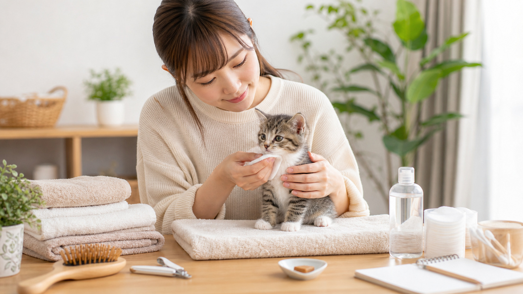 子猫をやさしくお手入れしながら見守る飼い主とケア用品のある室内風景