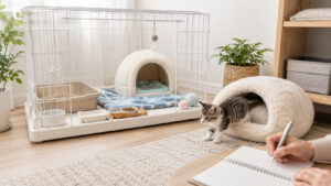 清潔で落ち着いたケージの寝床で安心して休む子猫