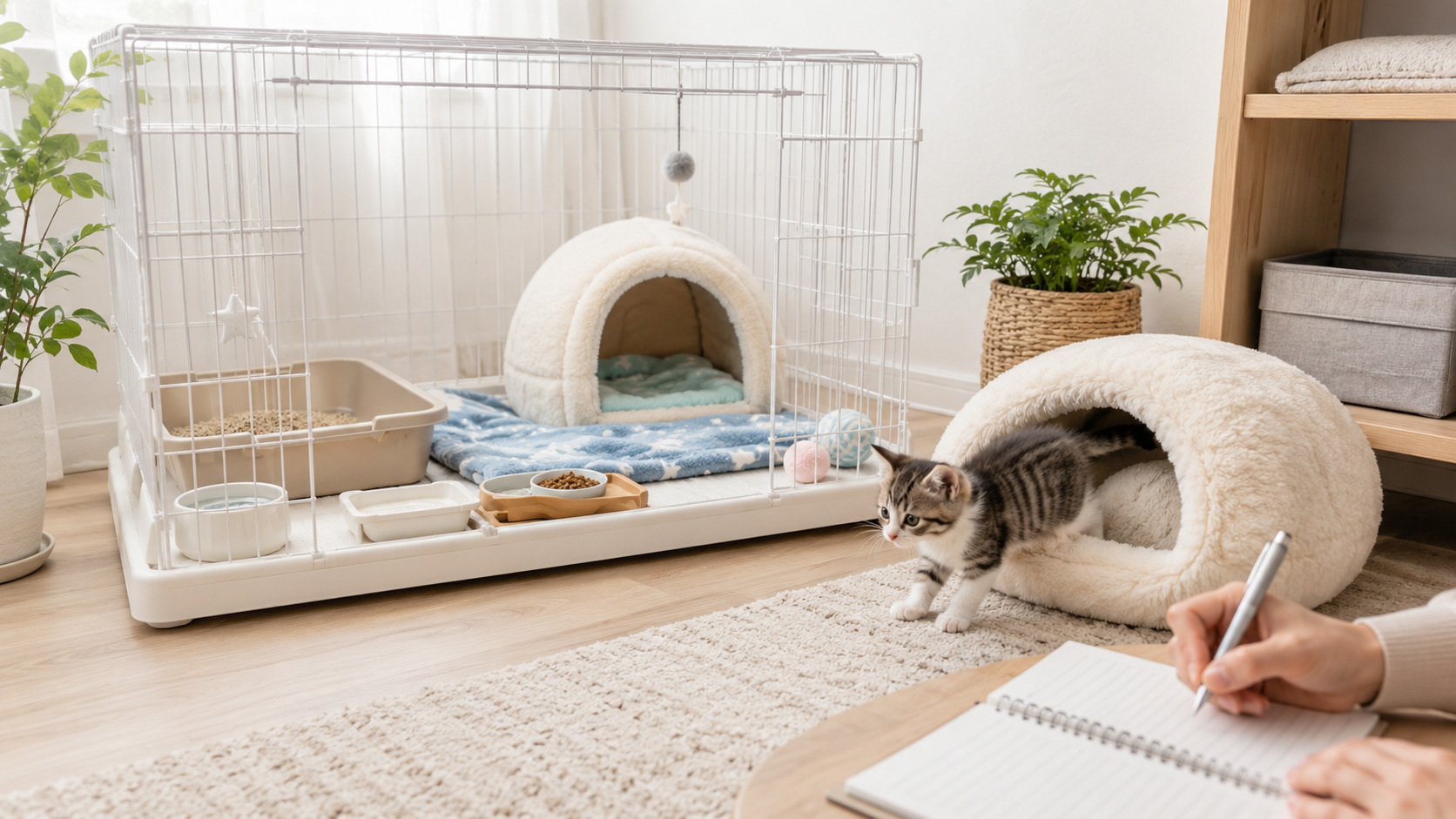 清潔で落ち着いたケージの寝床で安心して休む子猫