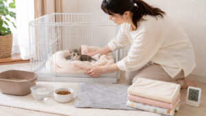 静かな部屋で子猫用のケージと寝床を整えている様子