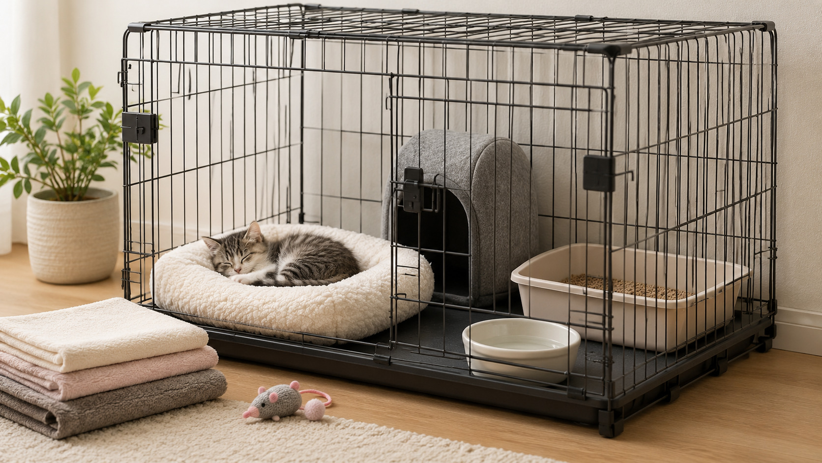 静かな部屋のケージ内で安心して眠る子猫と清潔な寝床