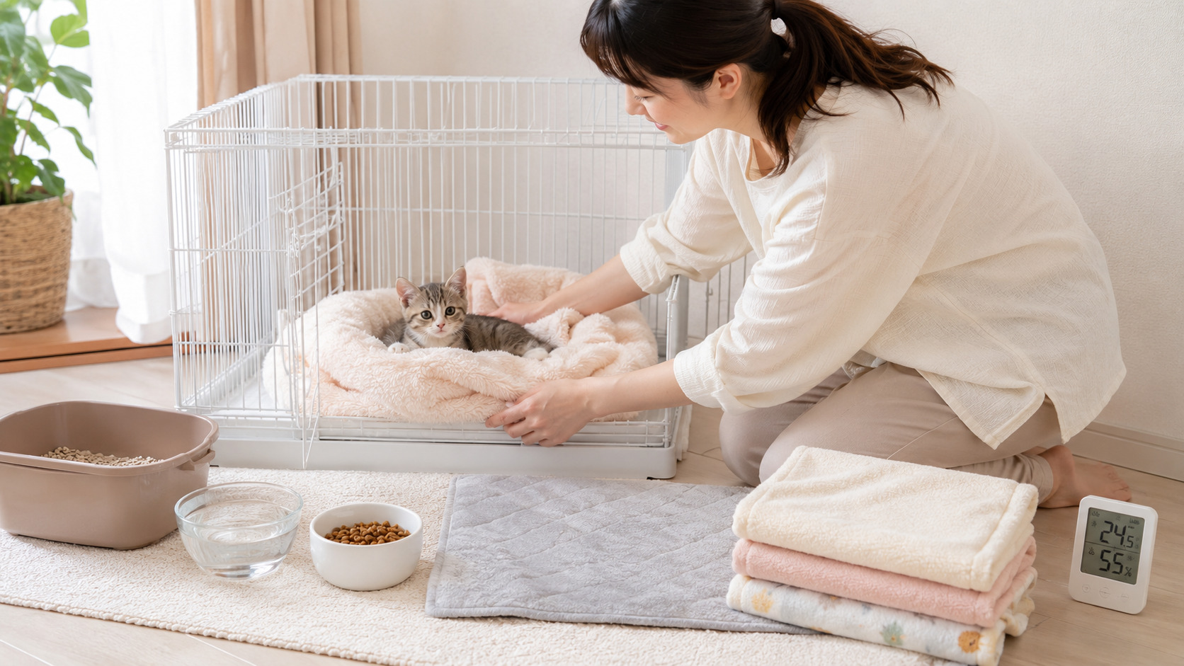 静かな部屋で子猫用のケージと寝床を整えている様子