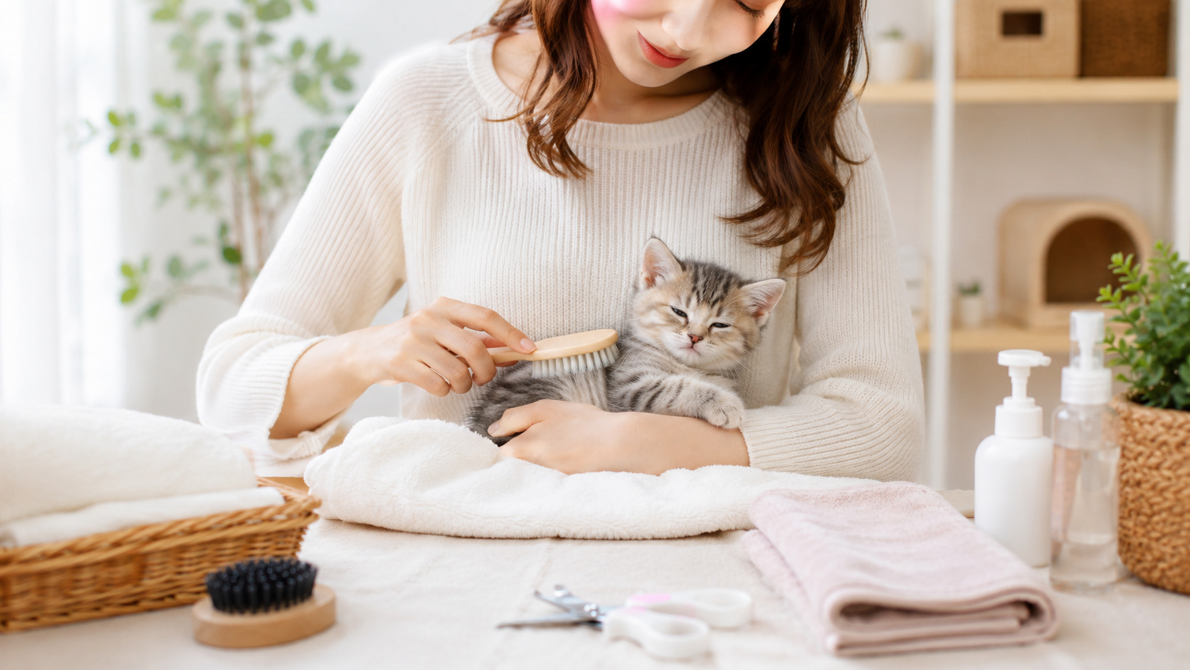 子猫をやさしくブラッシングしながらお手入れしている様子