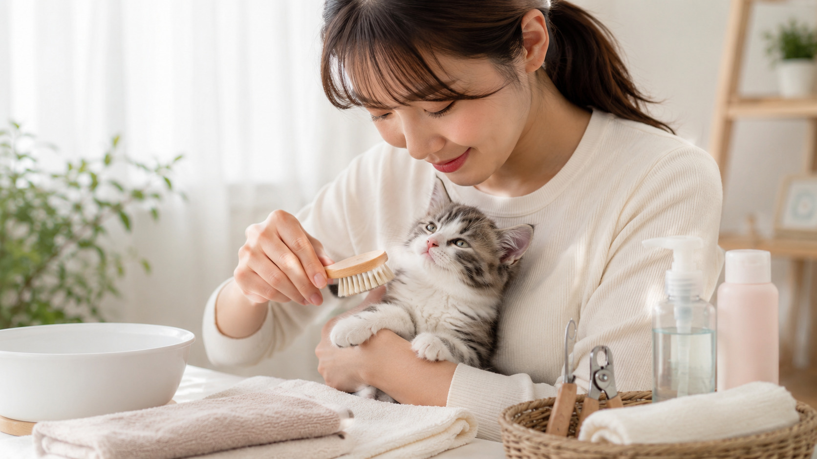 子猫をやさしくお手入れする飼い主とケア用品のある室内風景