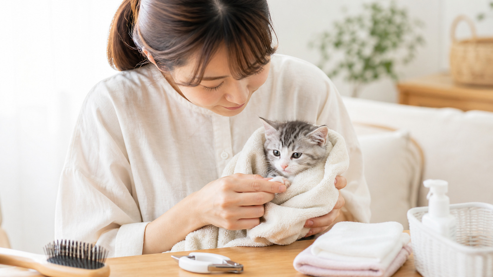子猫のお手入れがうまくいかず、やさしく様子を見ながらケアしている飼い主のイメージ
