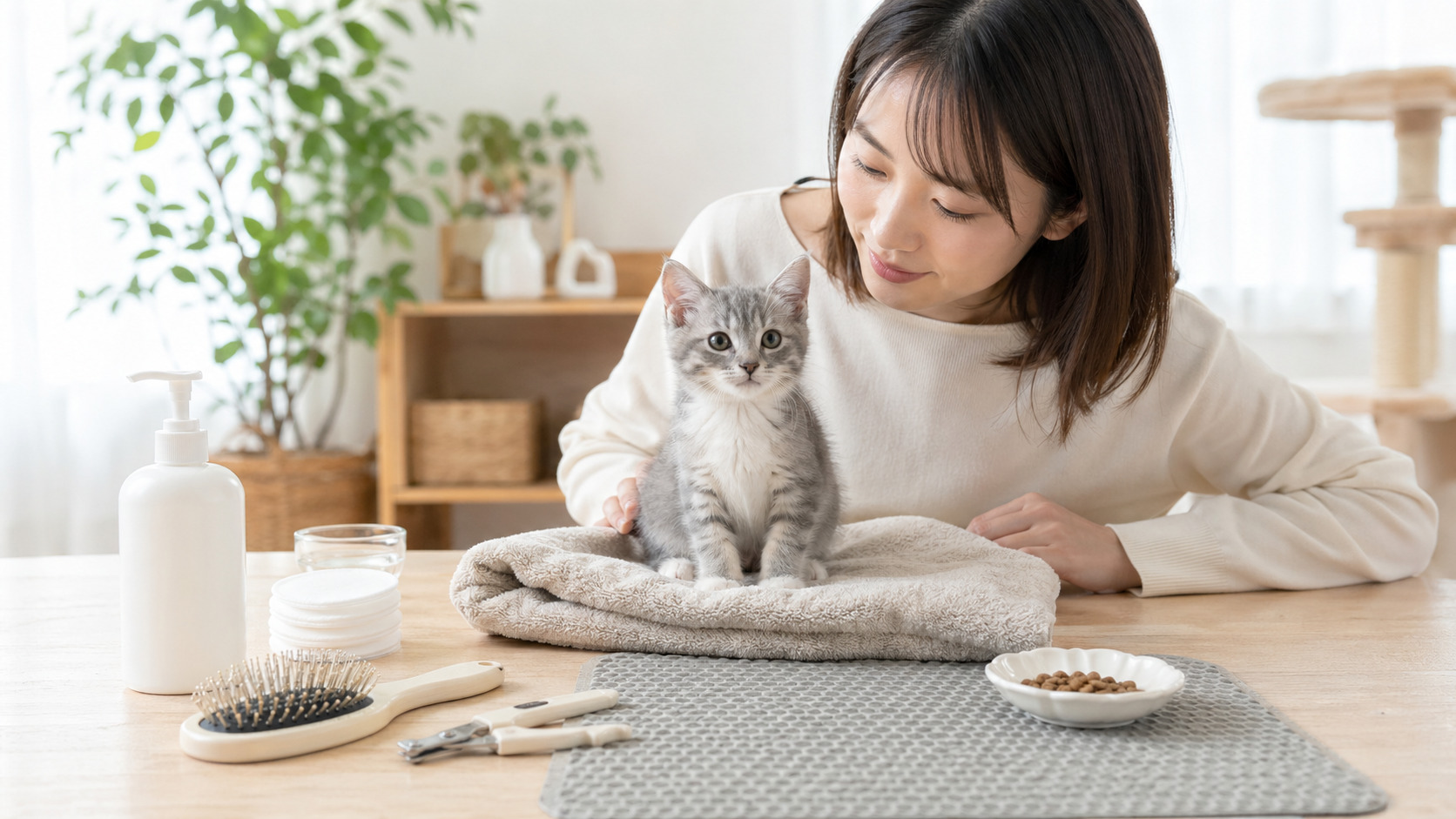 子猫のお手入れに必要なタオルやブラシ、爪切りを準備している様子