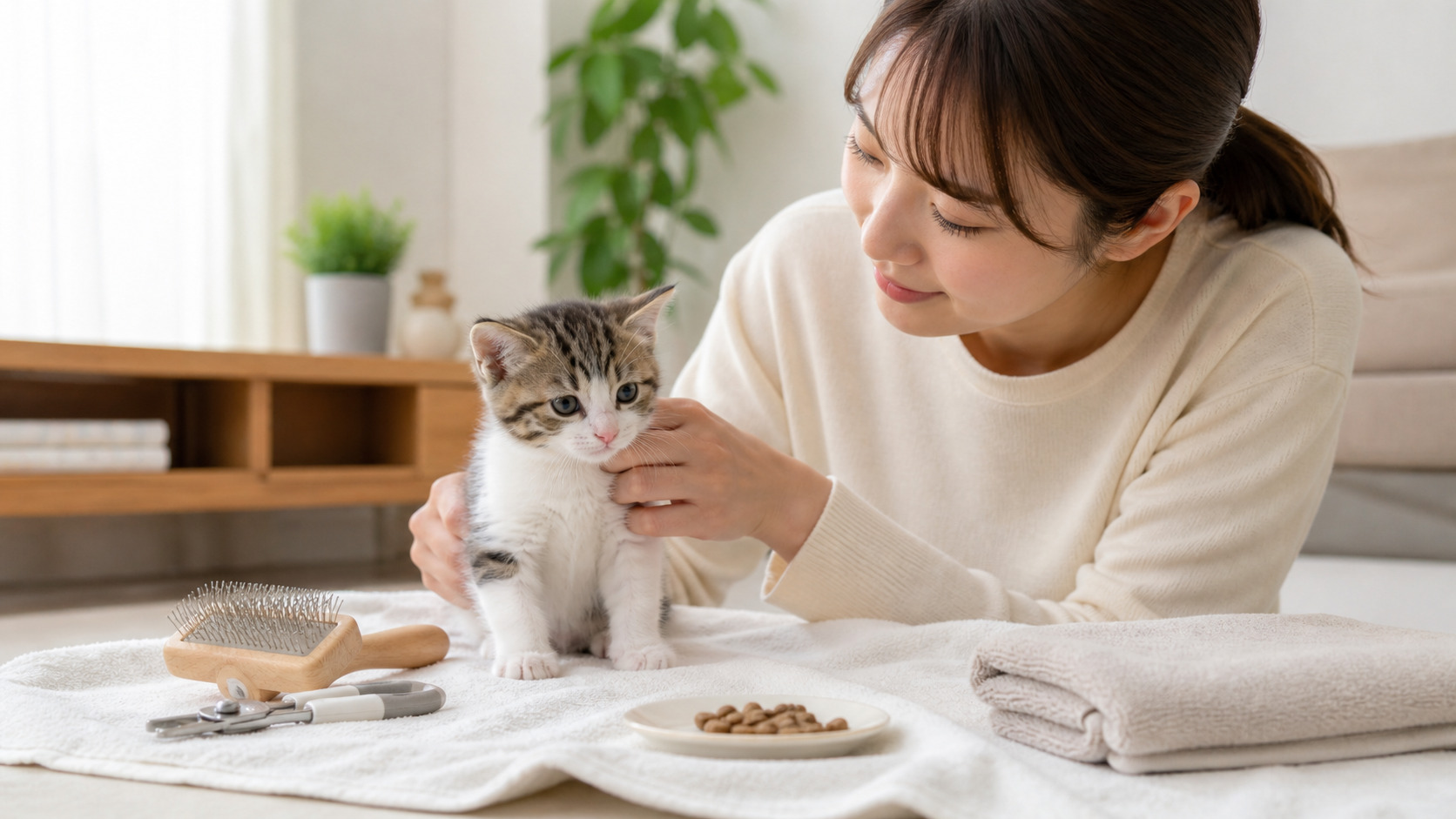 お手入れを嫌がる子猫に飼い主がやさしく慣らしケアをしている様子