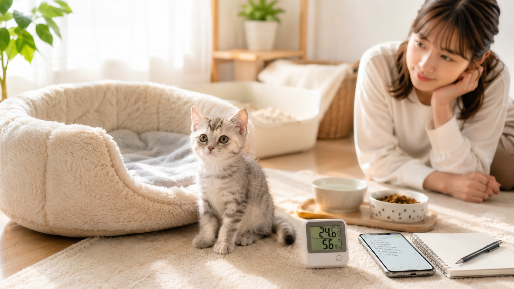 静かな部屋で子猫の寝床と体調を見守る飼い主