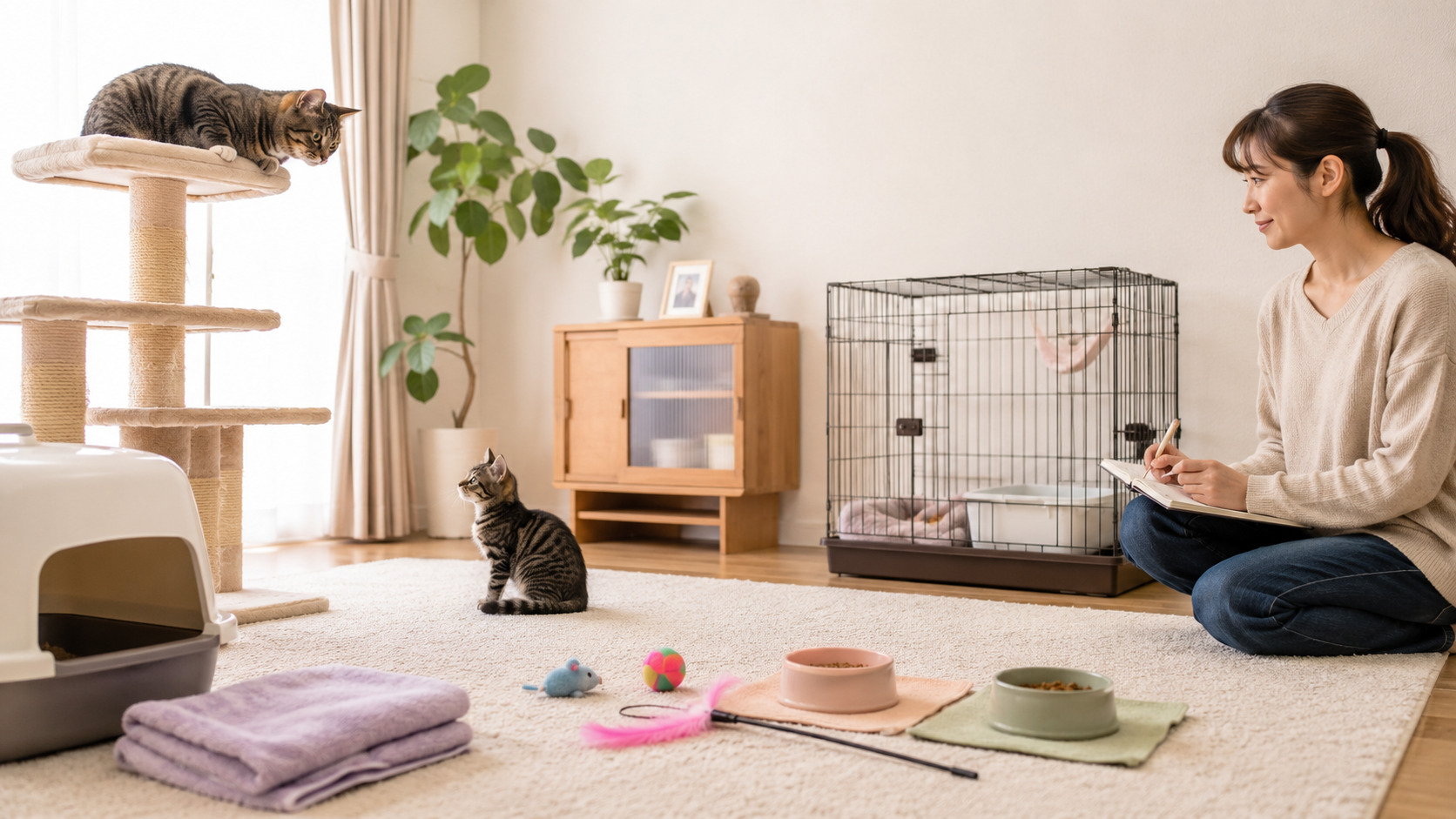 先住猫と子猫が安心できる距離で過ごす室内の様子