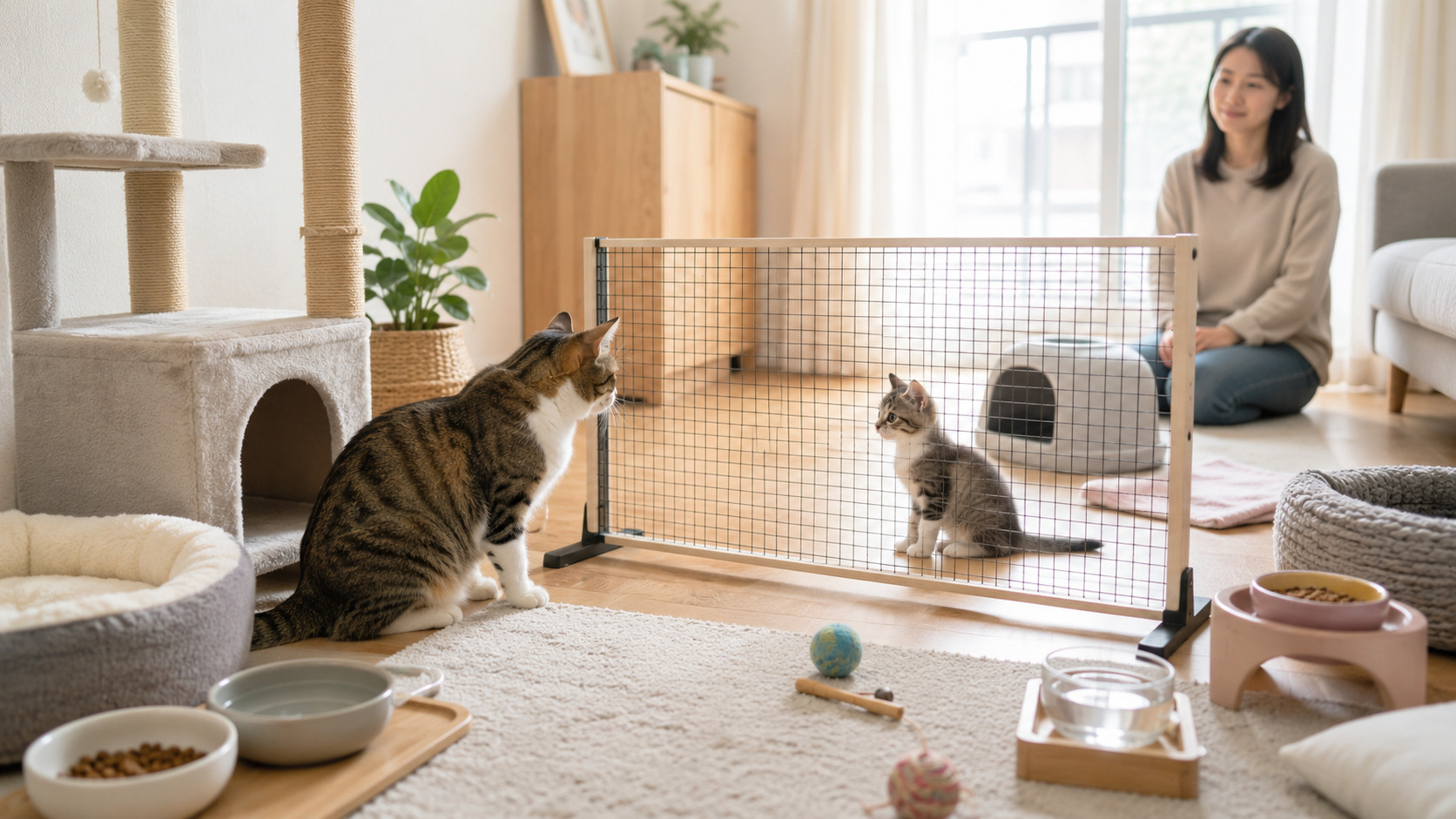 子猫と先住猫が室内で少し距離を取りながら顔合わせしている様子