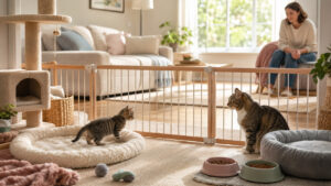 子猫と先住猫が室内で安全な距離を保ちながら顔合わせしている様子