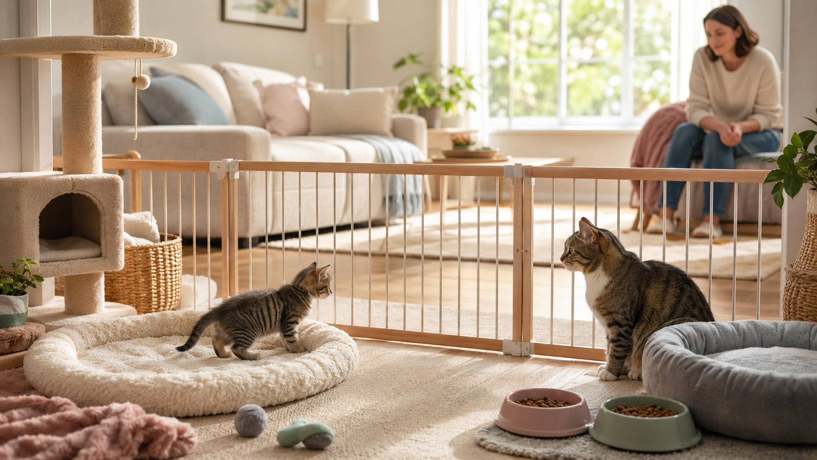 子猫と先住猫が室内で安全な距離を保ちながら顔合わせしている様子