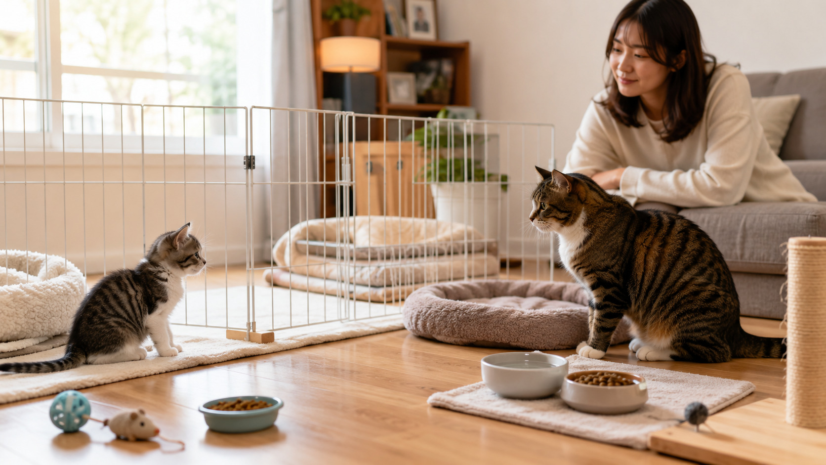 柵越しに子猫と先住猫を穏やかに見守る飼い主