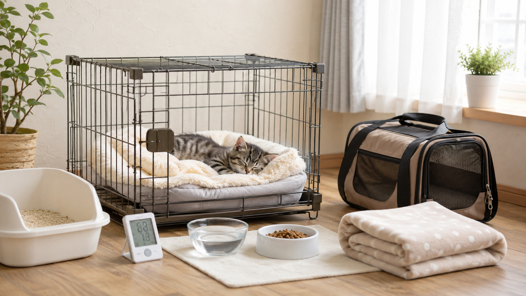 清潔なケージの中で安心して眠る子猫と整えられた寝床