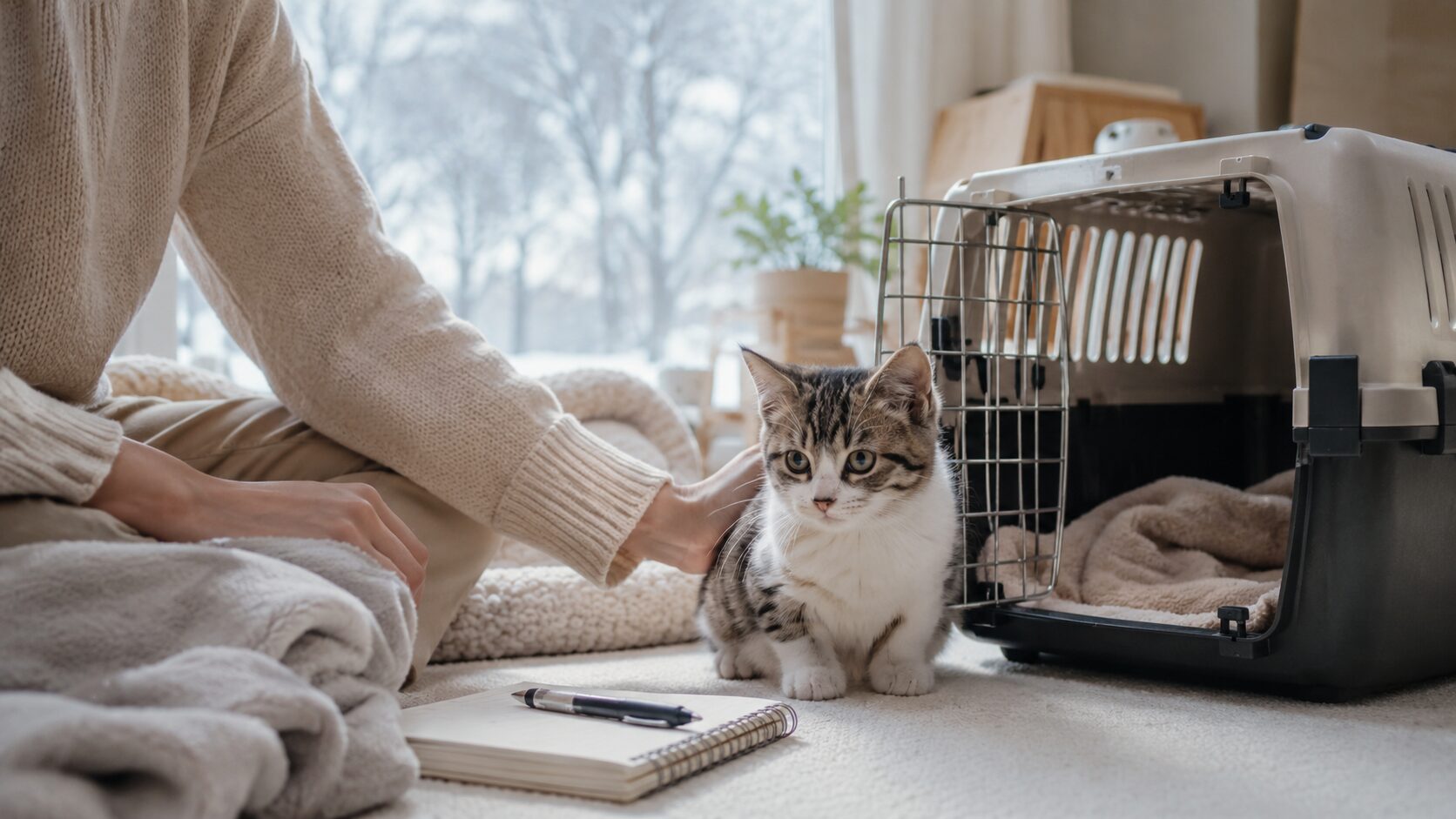 子猫がキャリーの近くで落ち着いて過ごしている様子