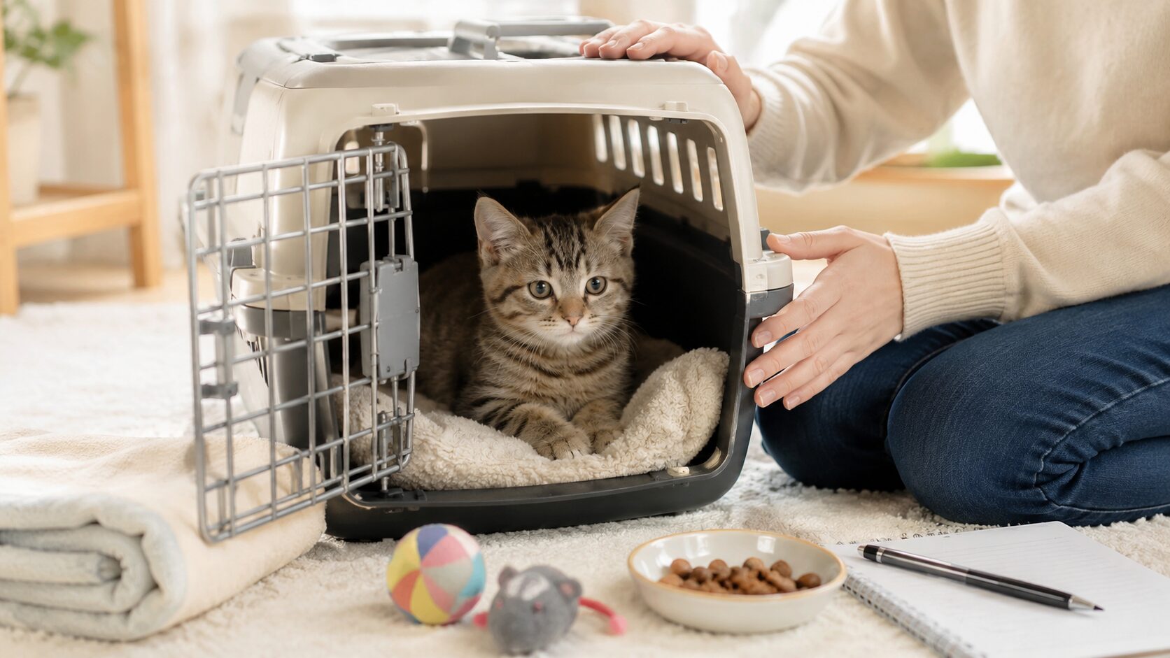 キャリーバッグの中で落ち着いて過ごす子猫