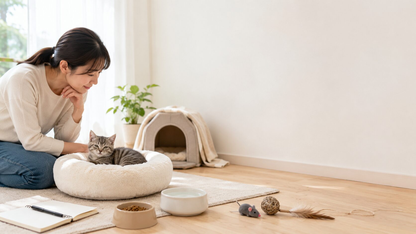 子猫の様子を家庭で確認する飼い主