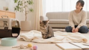 留守番後の子猫の様子を静かな部屋で見守る場面