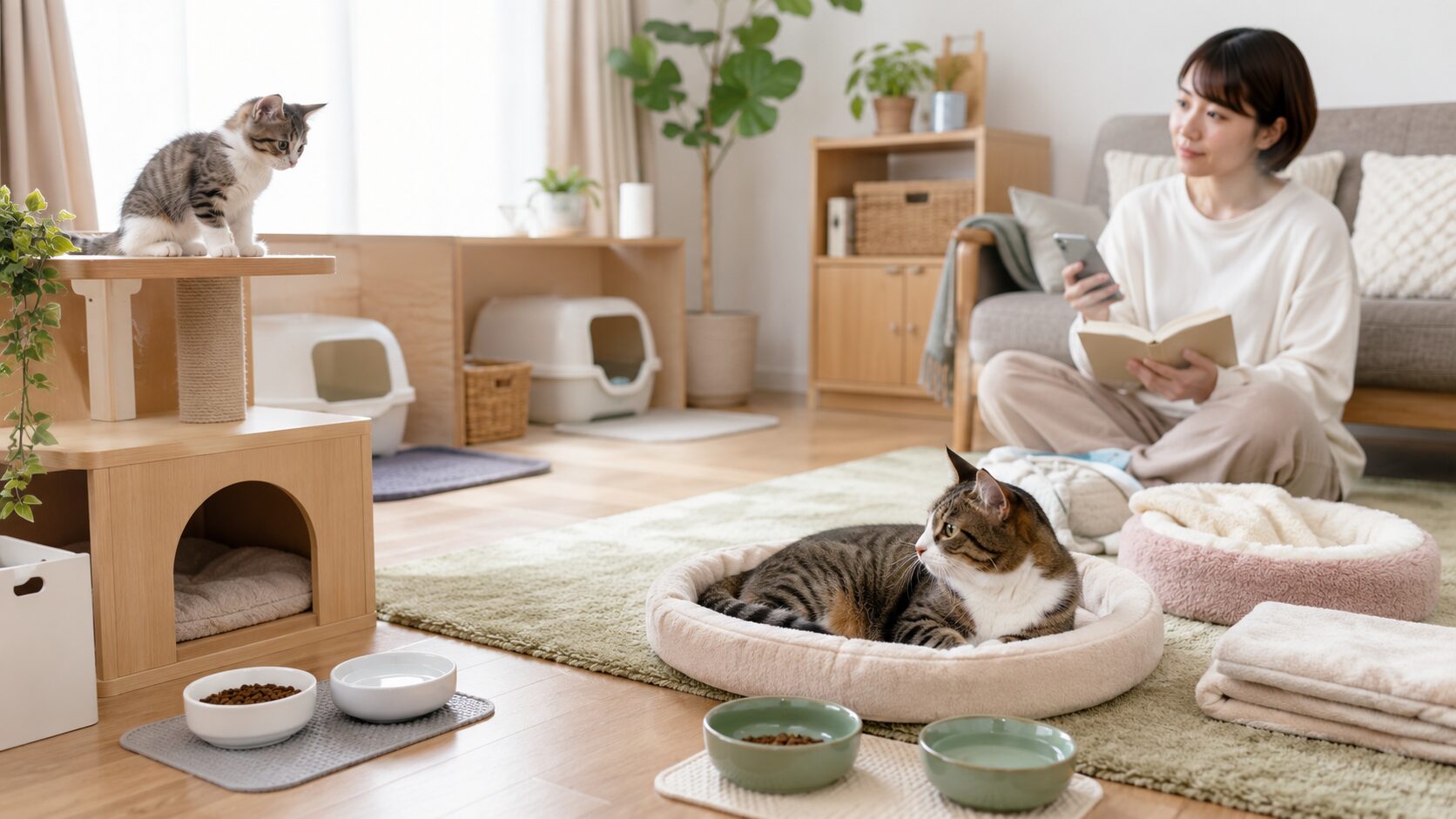 子猫と先住猫が距離を保ちながら過ごす室内の様子