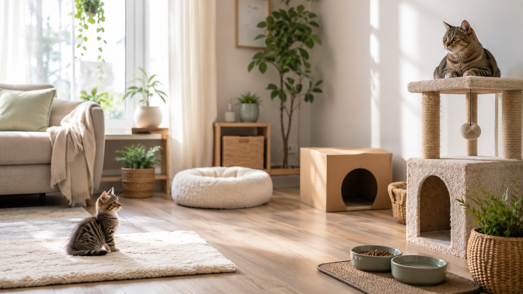 少し距離を保ちながら同じ部屋で過ごす子猫と先住猫