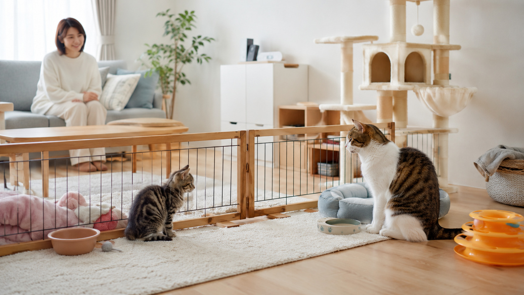 子猫と先住猫が距離を保ちながら穏やかに顔合わせしている室内の様子